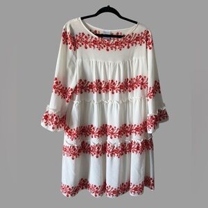 Women’s White & Coral Red Dress | Boho Peasant Style | Flowy Ruffle Sleeves